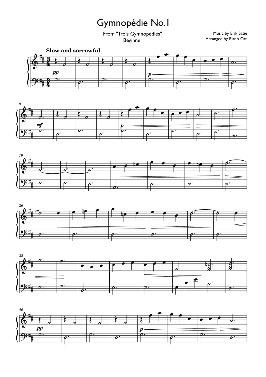 Gymnopédie no.1 (BEGINNER) - Erik Satie Easy Piano scores gallery preview page 1