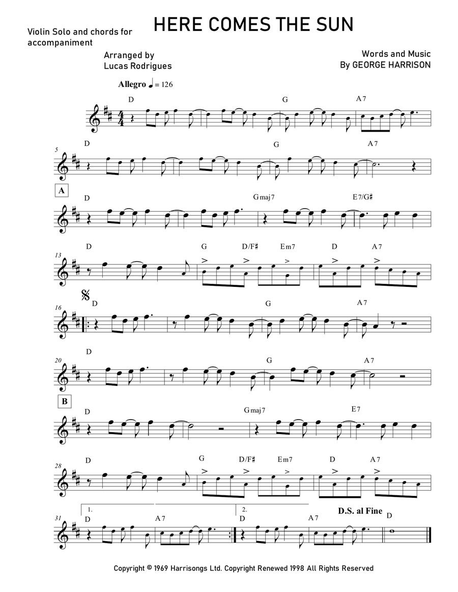 Here Comes The Sun Here Comes The Sun Violin Solo scores gallery preview page 1
