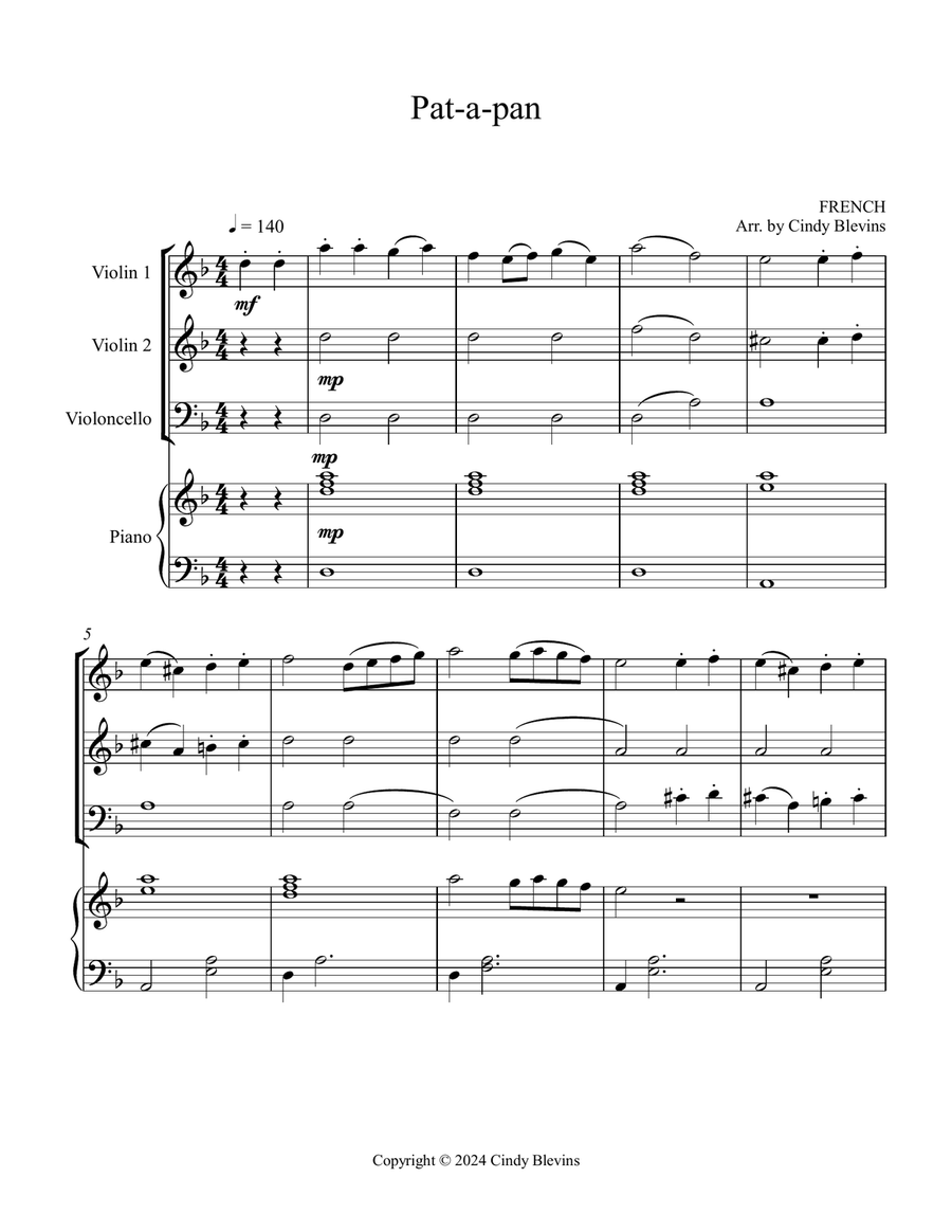 Pat-a-pan, for Two Violins, Cello and Piano Piano Quartet scores gallery preview page 2