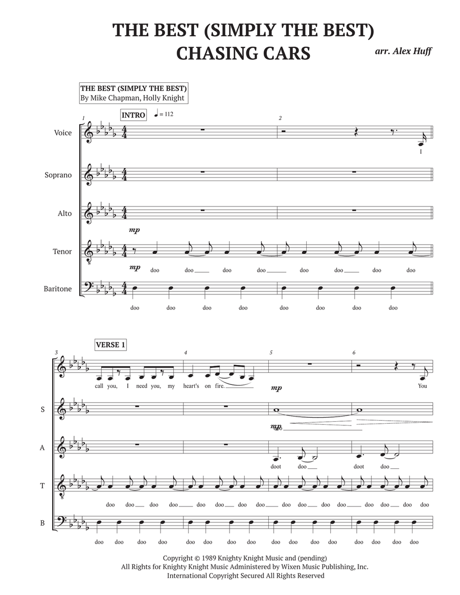 Medley: Chasing Cars with The Best (Simply The Best) 4-Part scores gallery preview page 1