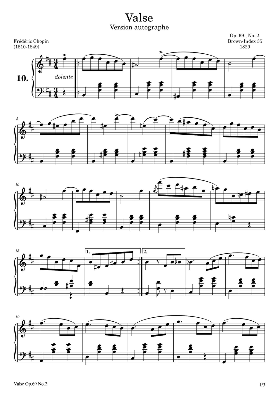 Waltz Op. 69 No. 2 - Fryderyk Fanciszek Chopin Piano Solo scores gallery preview page 1