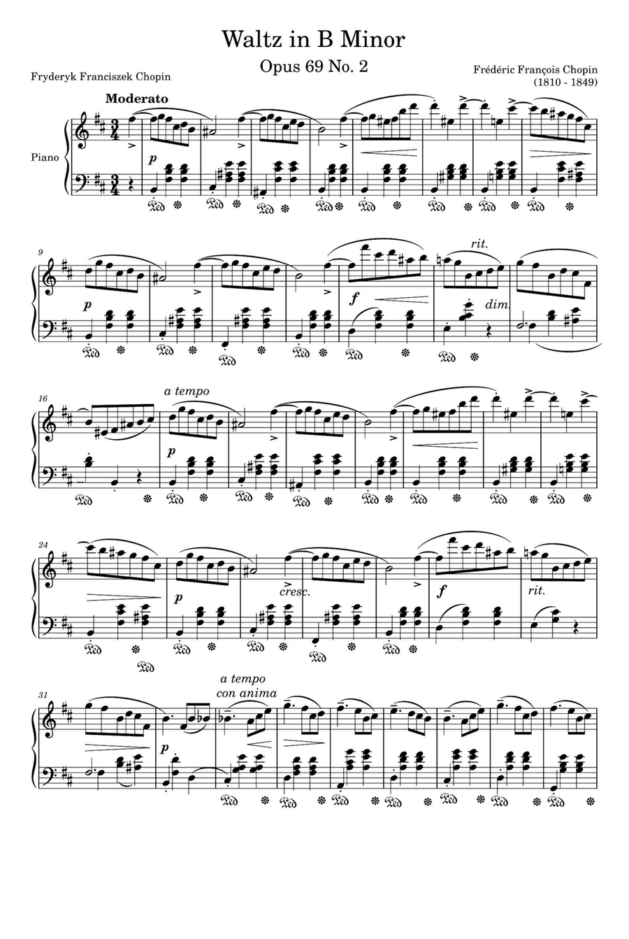 Waltz Opus 69 No. 2 in B Minor - Fryderyk Fanciszek Chopin Piano Solo scores gallery preview page 1