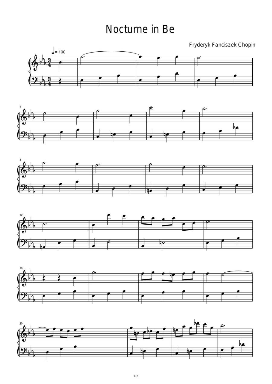 Nocturne in Be - Fryderyk Fanciszek Chopin Easy Piano scores gallery preview page 1