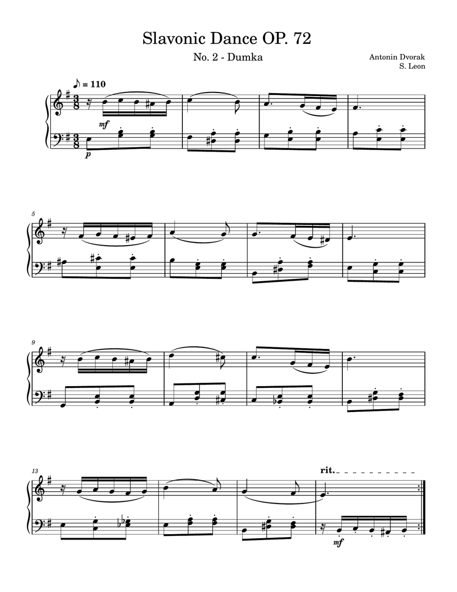 Antonin Dvorak Slavonic Dance OP. 72 No 2 Dumka in E minor for piano solo Easy Piano scores gallery preview page 1