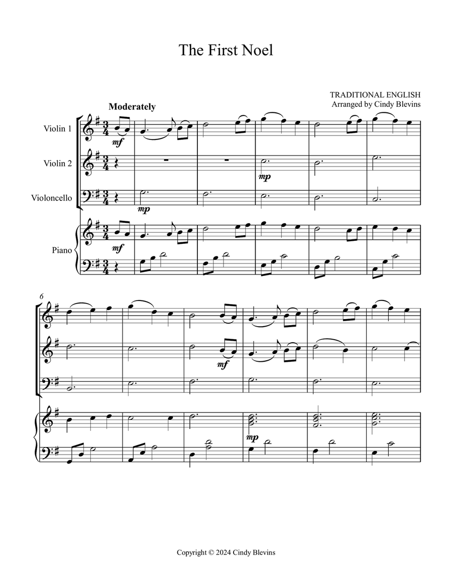 The First Noel, for Two Violins, Cello and Piano Piano Quartet scores gallery preview page 2