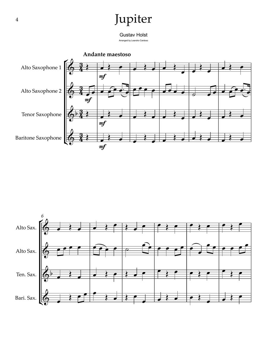 Jupiter Slow Theme from the Planets | Saxophone Quintet Saxophone Quintet scores gallery preview page 4
