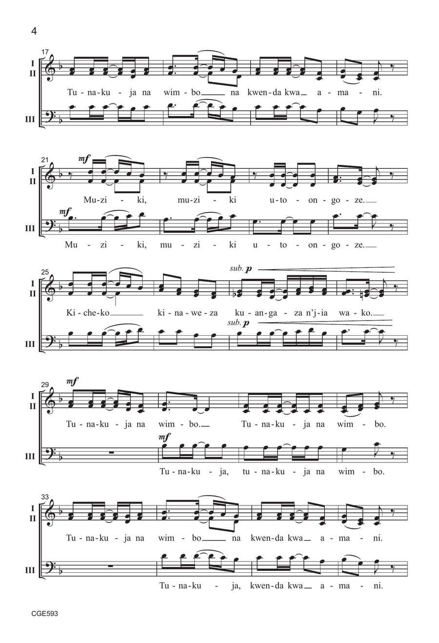 Tunakuja Na Wimbo - Three-part Mixed 3-Part scores gallery preview page 4