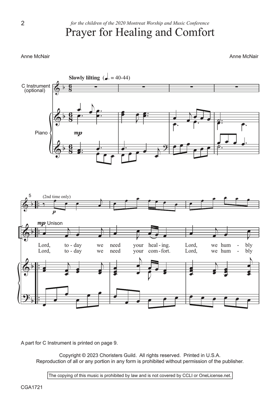 Prayer for Healing and Comfort - Unison/Two-part Unison Choir scores gallery preview page 2