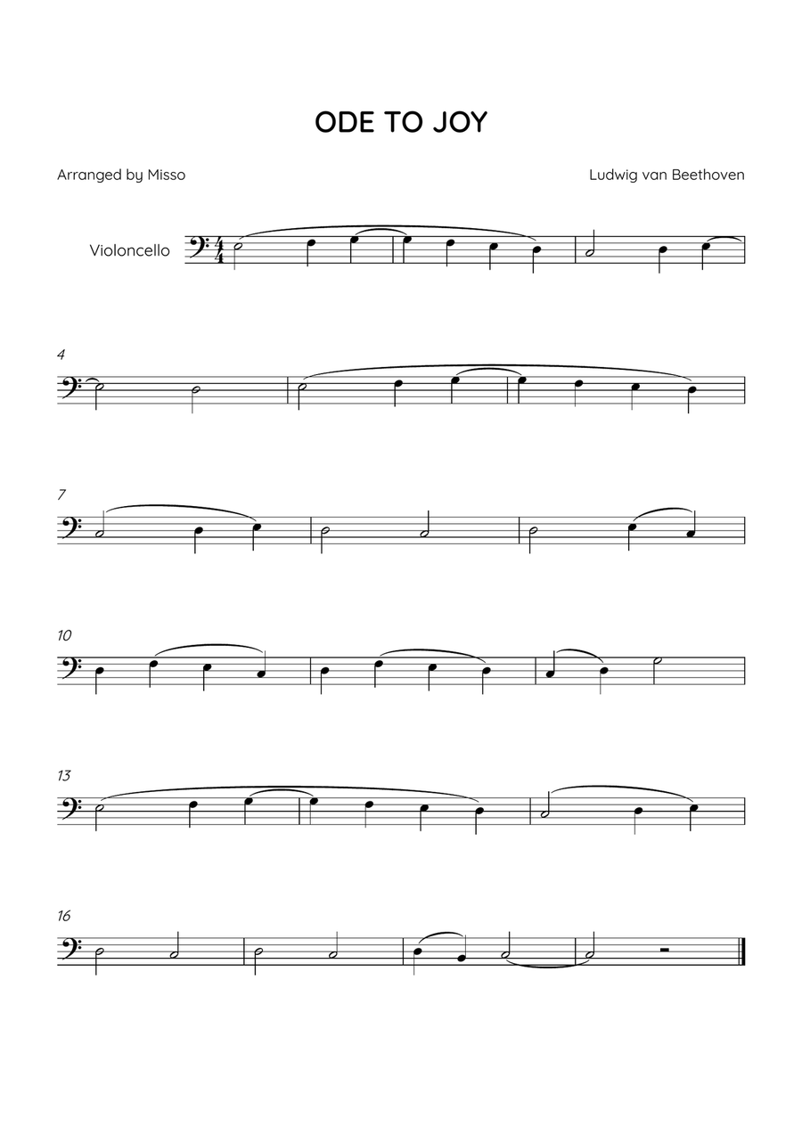 ODE TO JOY - Cello Solo in C Major - Beginner Level Piano, Vocal scores gallery preview page 1
