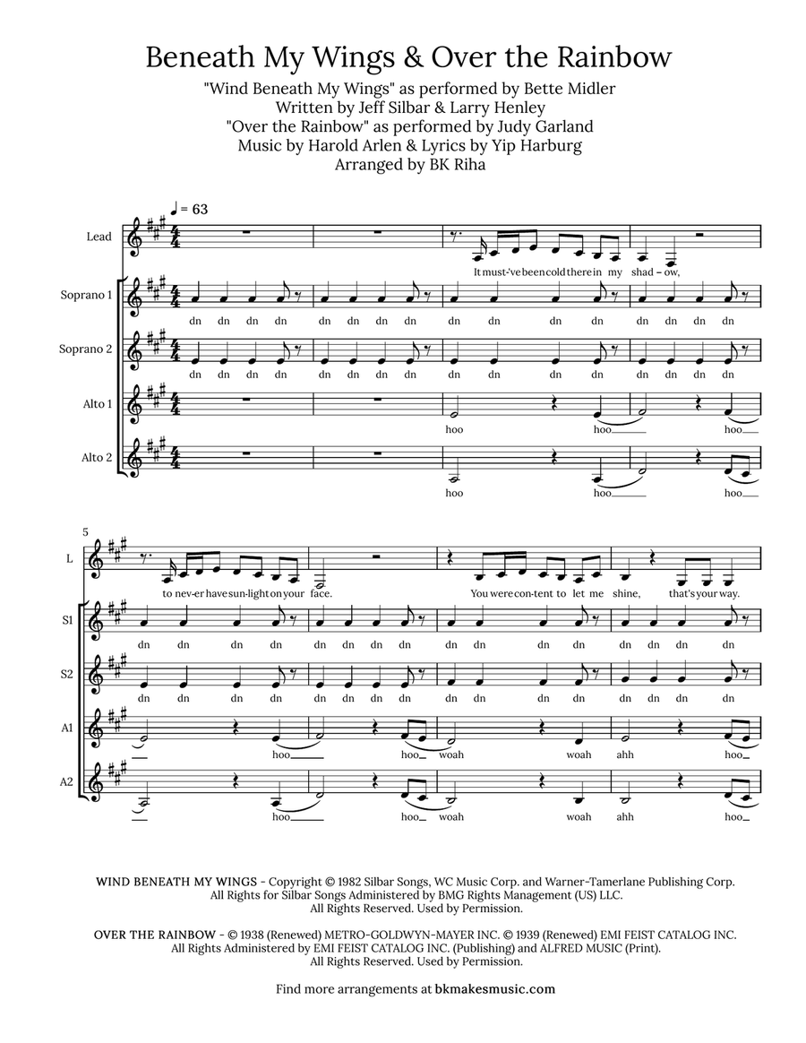 Medley: The Wind Beneath My Wings with Over The Rainbow SSAA scores gallery preview page 1