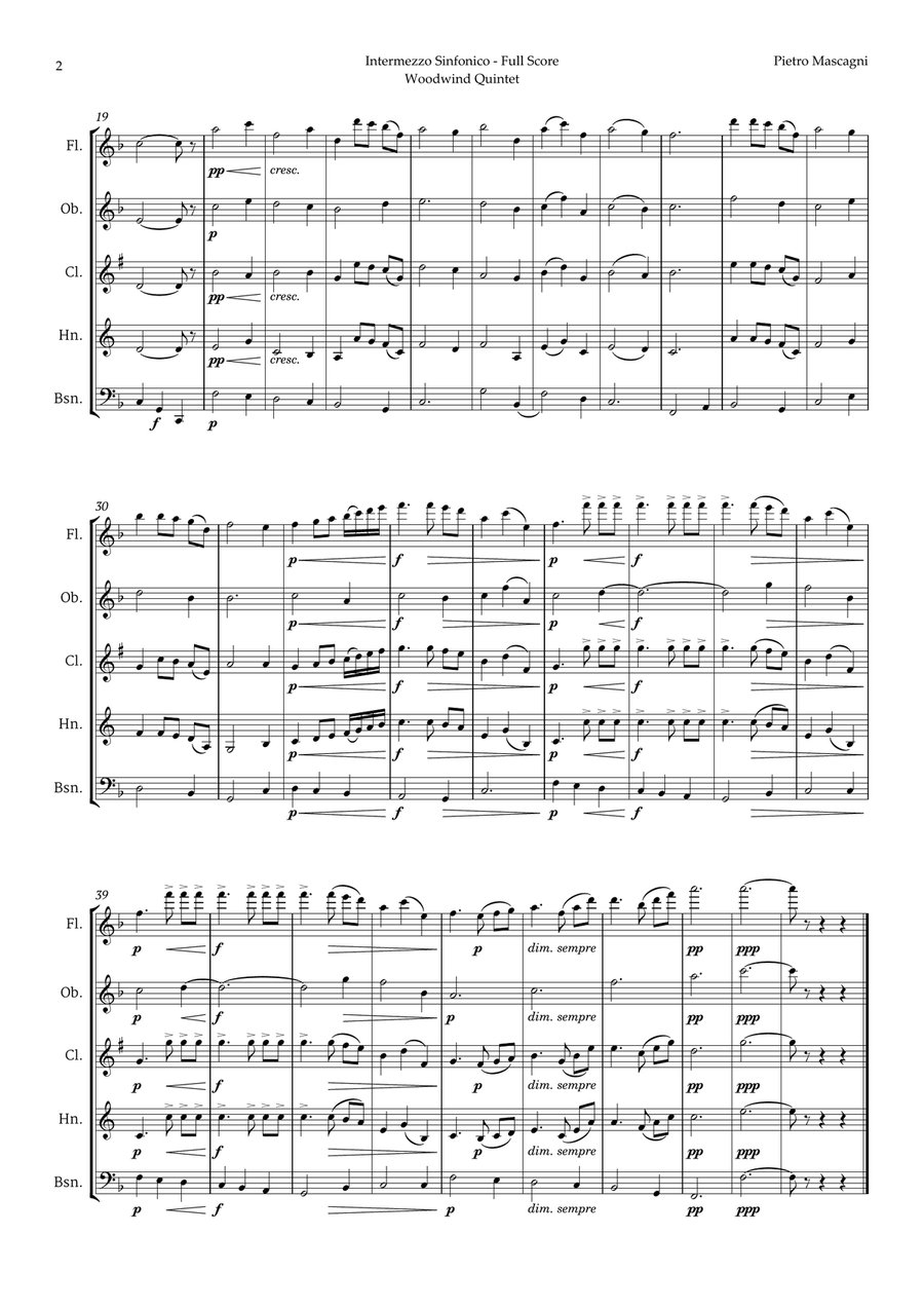 Intermezzo Sinfonico by Pietro Mascagni for Woodwind Quintet Woodwind Quintet scores gallery preview page 2