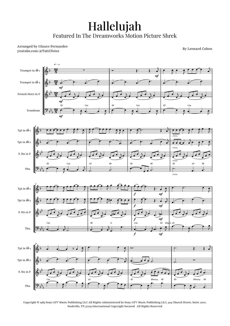 Hallelujah Brass Quartet scores gallery preview page 1
