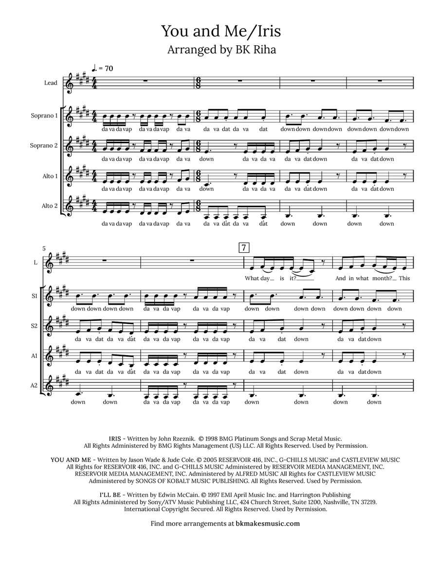 Medley: Iris with You And Me and I'll Be SSAA scores gallery preview page 1