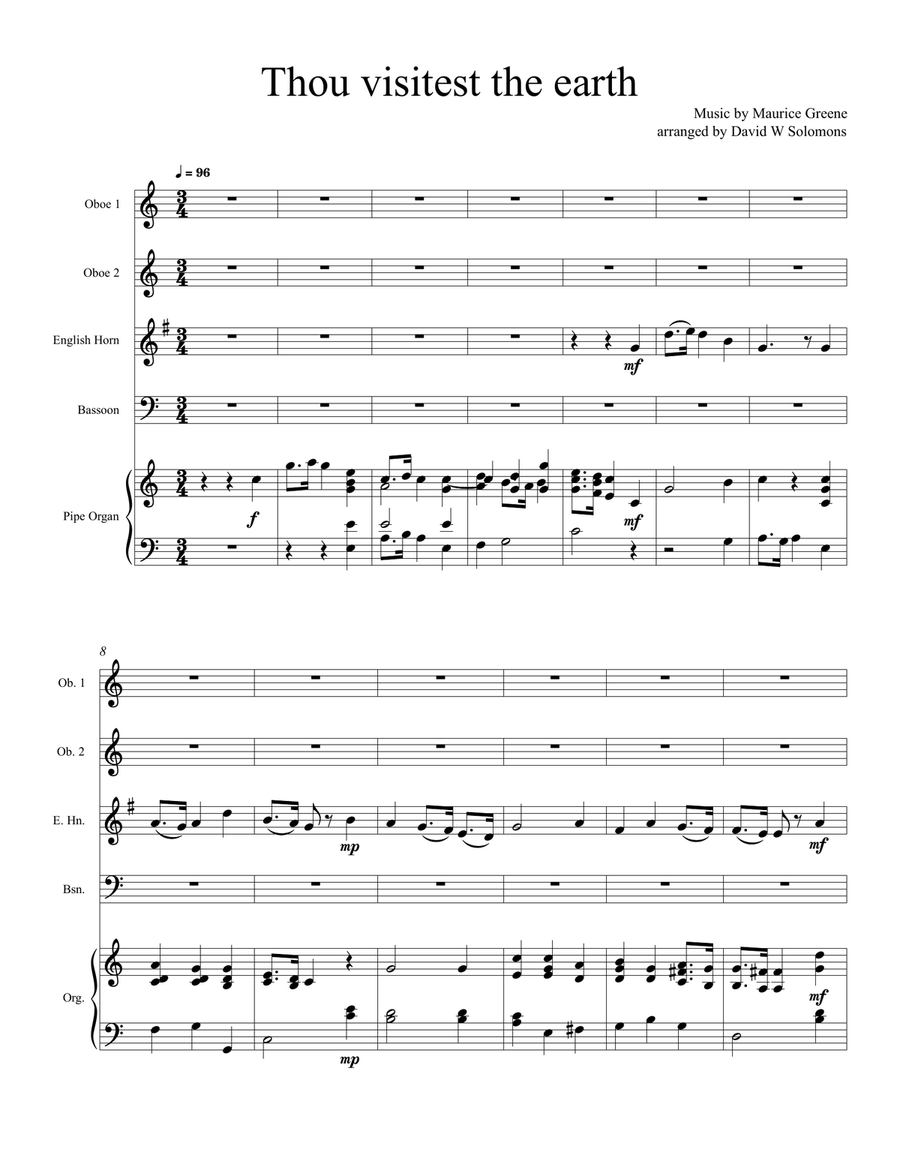 Thou visitest the earth (harvest anthem) arranged for double reed quartet and organ (or keyboard) Small Ensemble scores gallery preview page 1