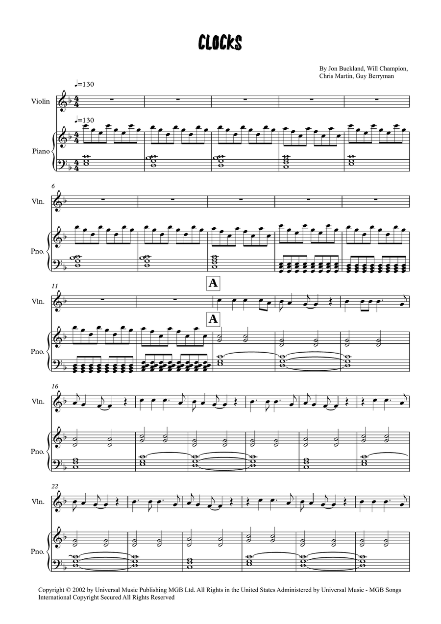 Clocks Clocks Violin Solo scores gallery preview page 1