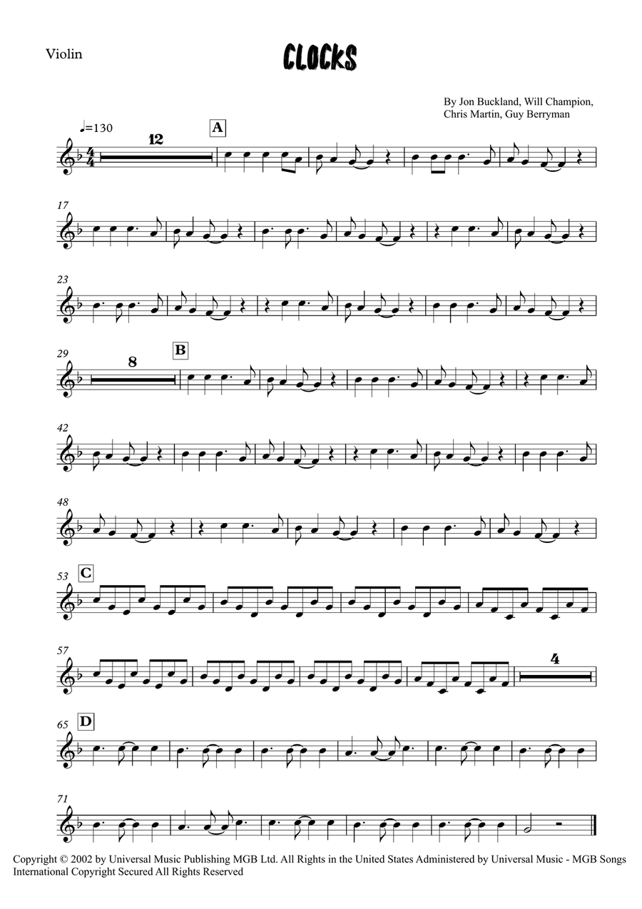 Clocks Clocks Violin Solo scores gallery preview page 4