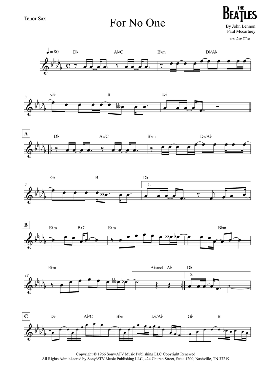For No One Tenor Saxophone scores gallery preview page 1