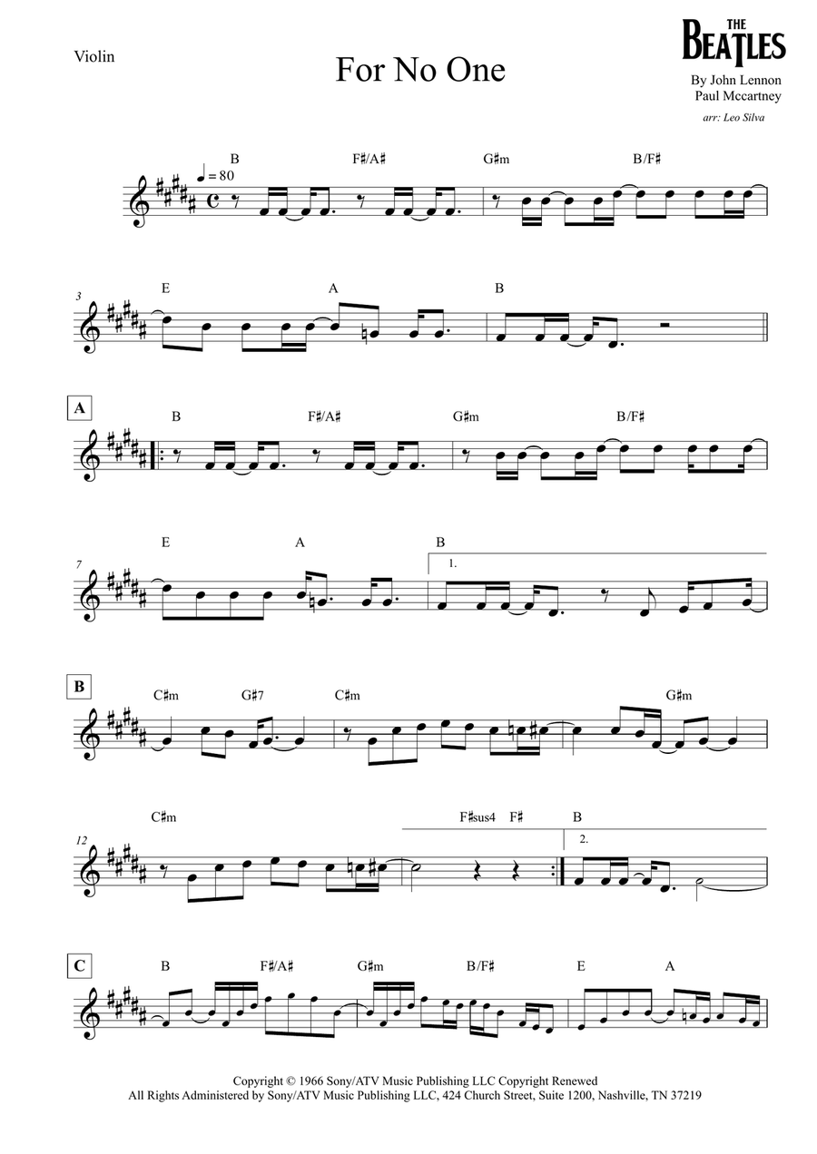 For No One Violin Solo scores gallery preview page 1