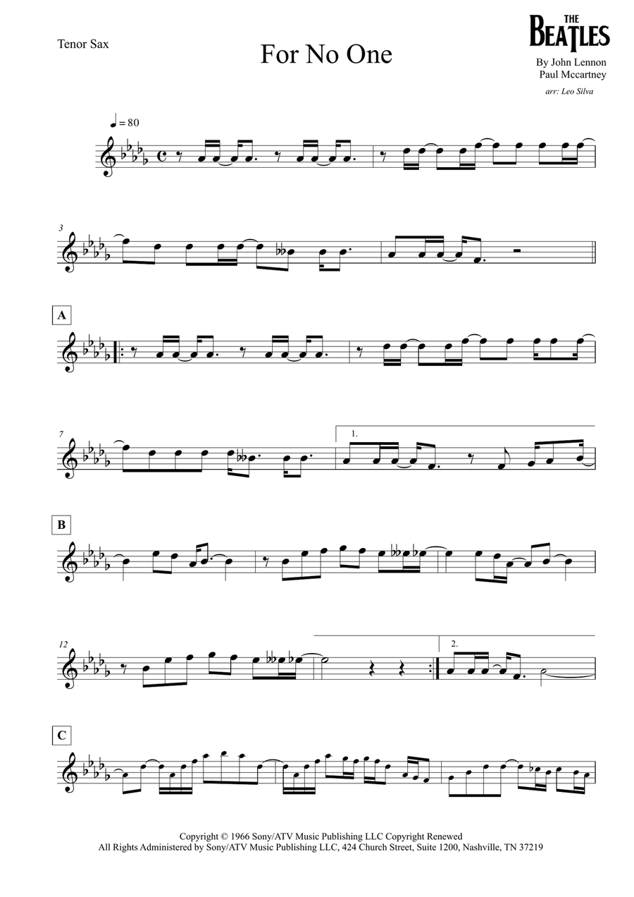 For No One Tenor Saxophone scores gallery preview page 1