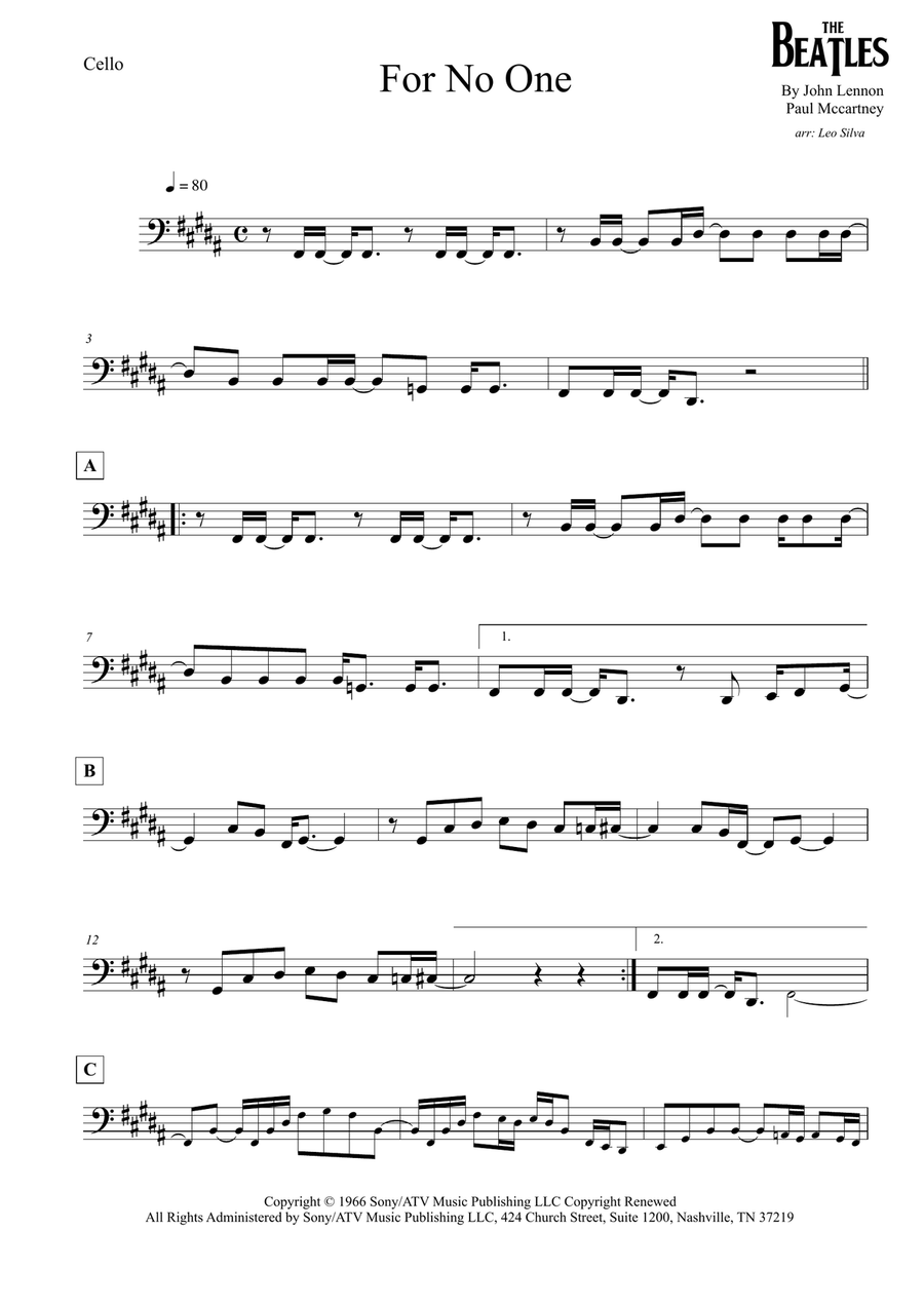 For No One Cello Solo scores gallery preview page 1