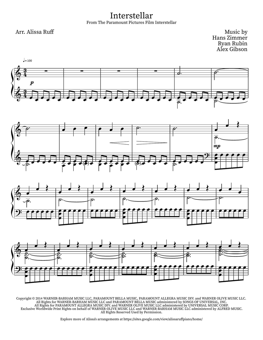 Interstellar Interstellar Piano Solo scores gallery preview page 1