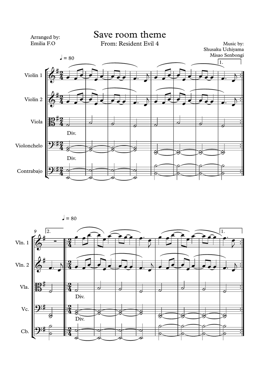 Save room theme (from Resident evil 4) String Quintet scores gallery preview page 1