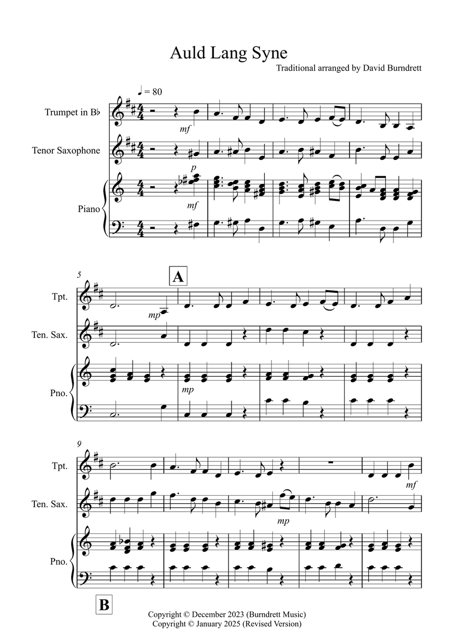 Auld Lang Syne for Trumpet and Tenor Saxophone Duet Saxophone Duet scores gallery preview page 1