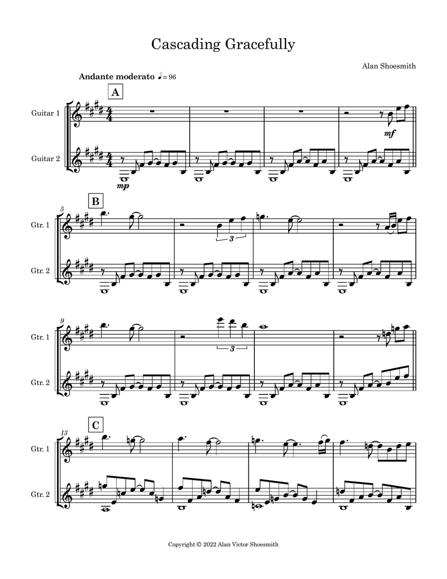 Cascading Gracefully - guitar duet (score and parts) Acoustic Guitar scores gallery preview page 1