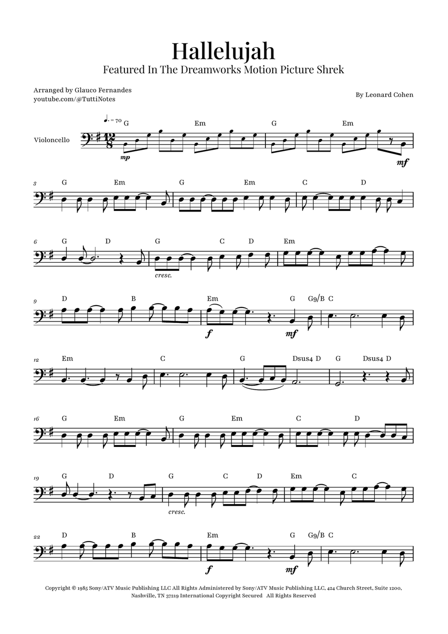 Hallelujah Cello Solo scores gallery preview page 1