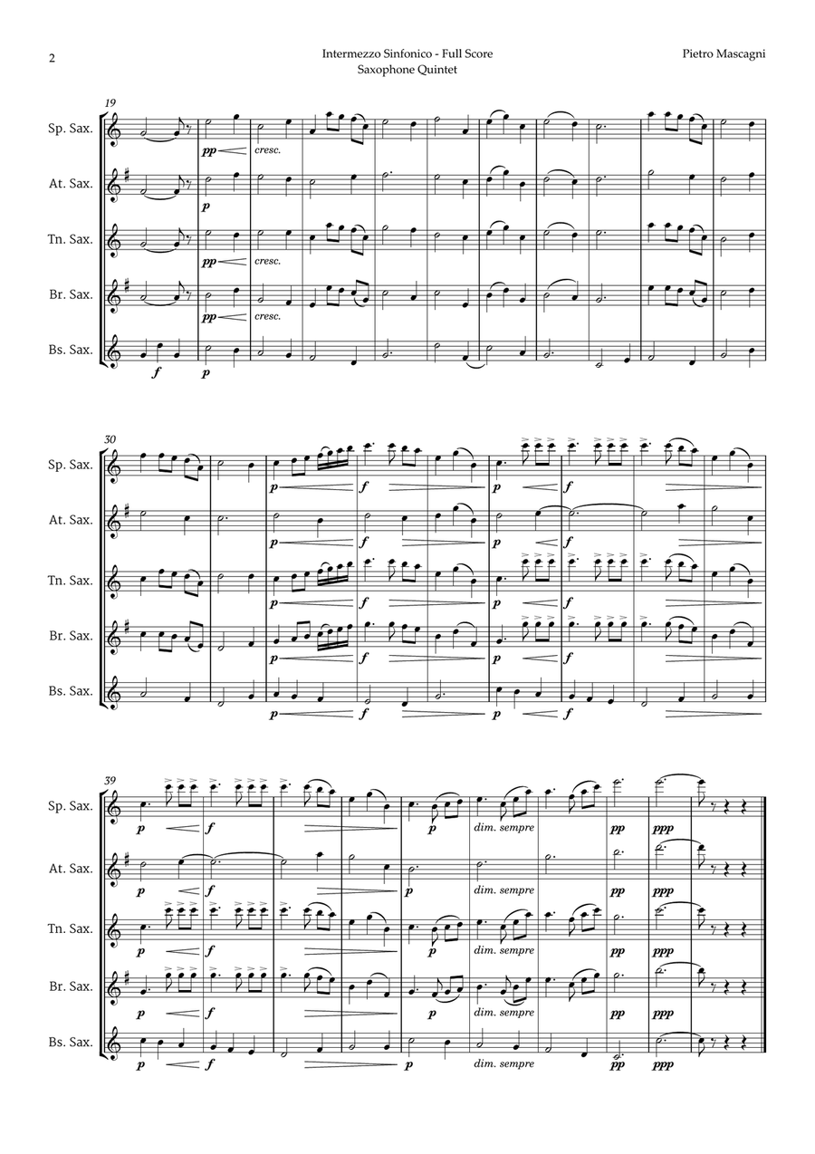 Intermezzo Sinfonico by Pietro Mascagni for Saxophone Quintet Saxophone Quintet scores gallery preview page 2