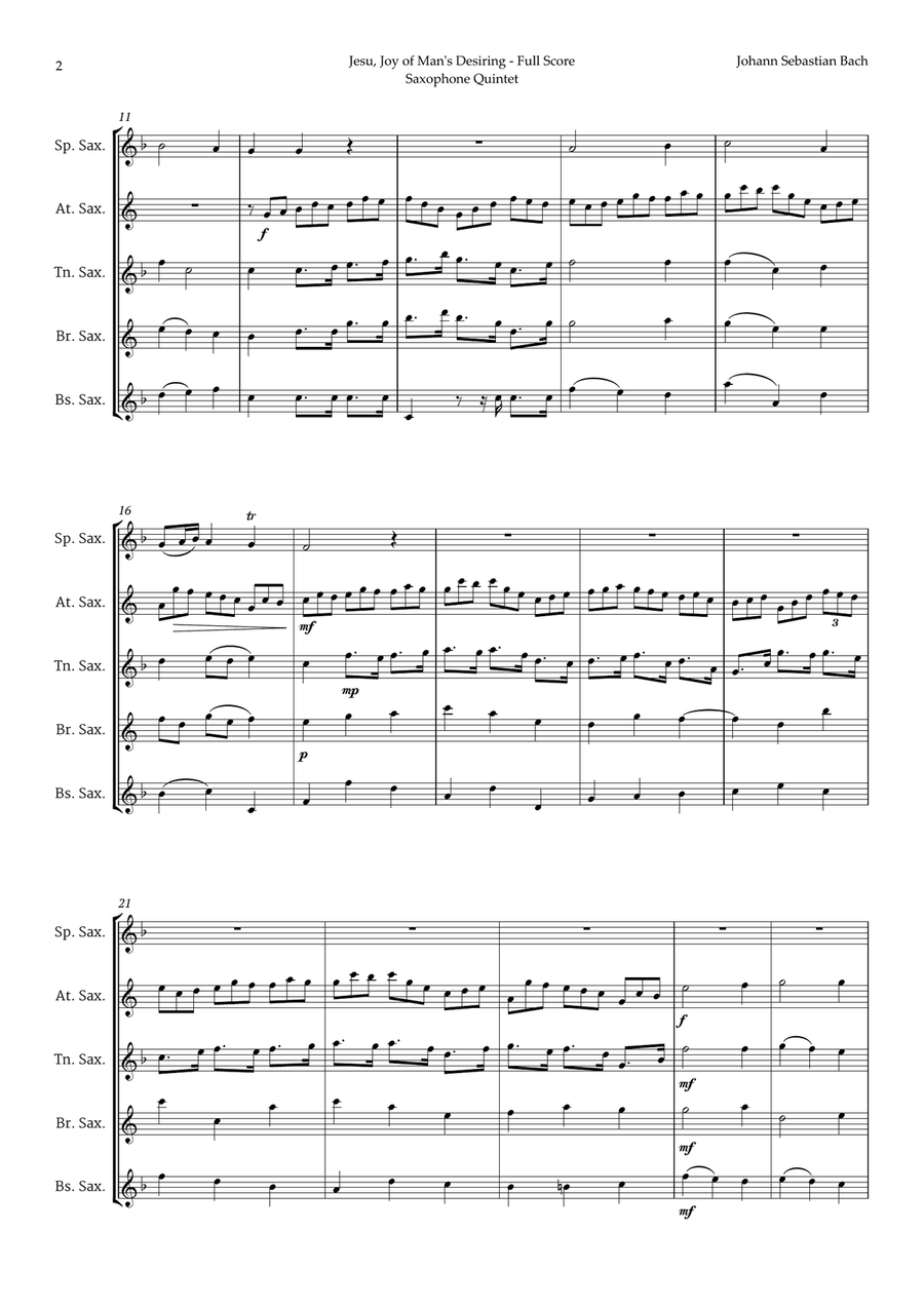 Jesu, Joy of Man's Desiring by Bach for Saxophone Quintet Saxophone Quintet scores gallery preview page 2