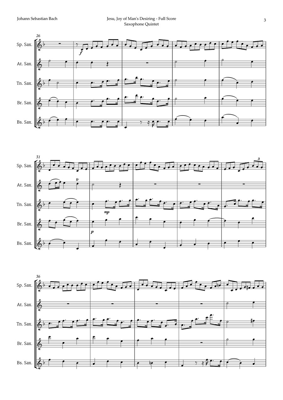 Jesu, Joy of Man's Desiring by Bach for Saxophone Quintet Saxophone Quintet scores gallery preview page 3