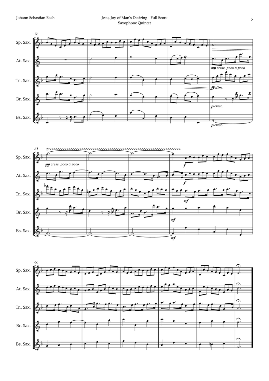 Jesu, Joy of Man's Desiring by Bach for Saxophone Quintet Saxophone Quintet scores gallery preview page 5