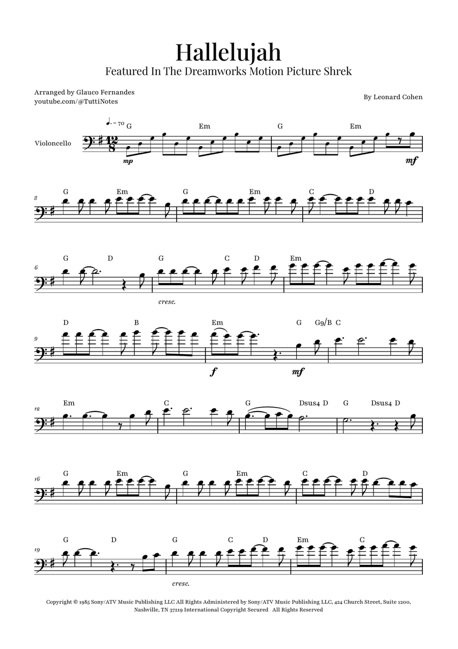 Hallelujah Cello Solo scores gallery preview page 1