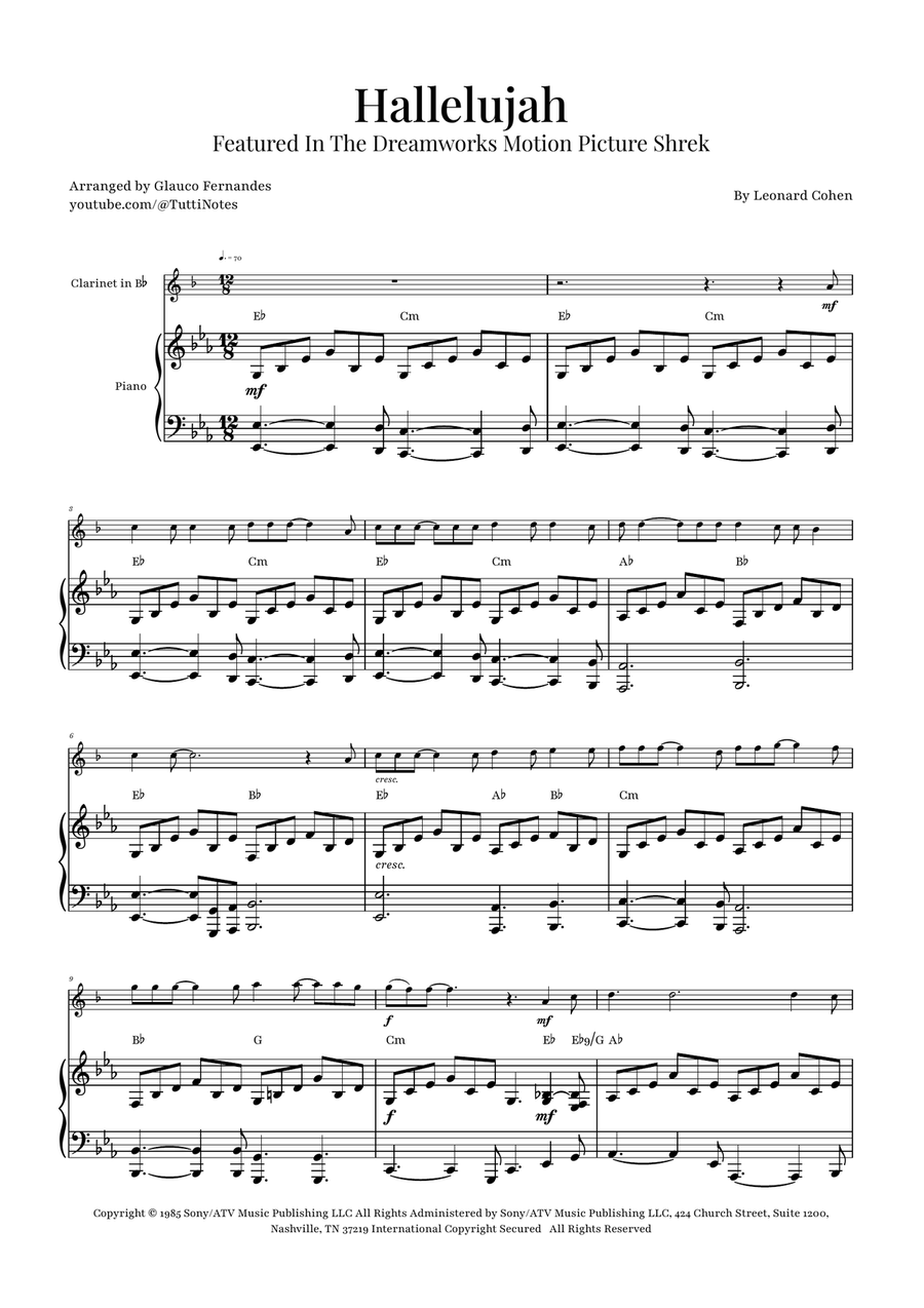 Hallelujah B-Flat Clarinet scores gallery preview page 1