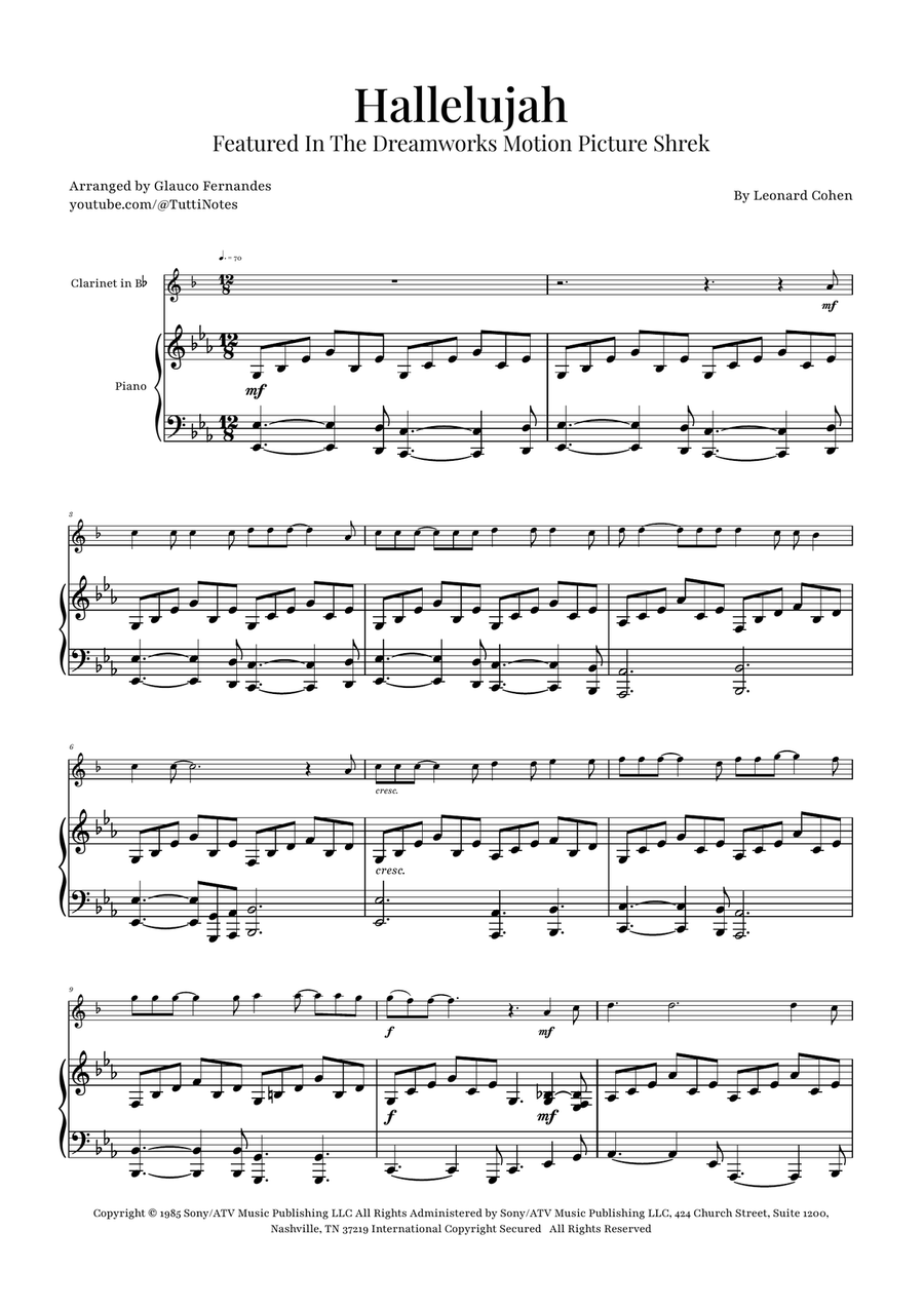 Hallelujah B-Flat Clarinet scores gallery preview page 1