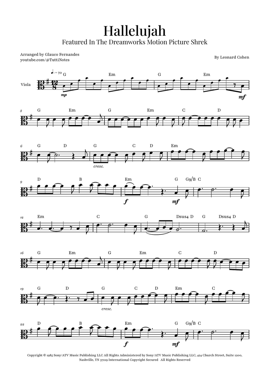 Hallelujah Viola Solo scores gallery preview page 1