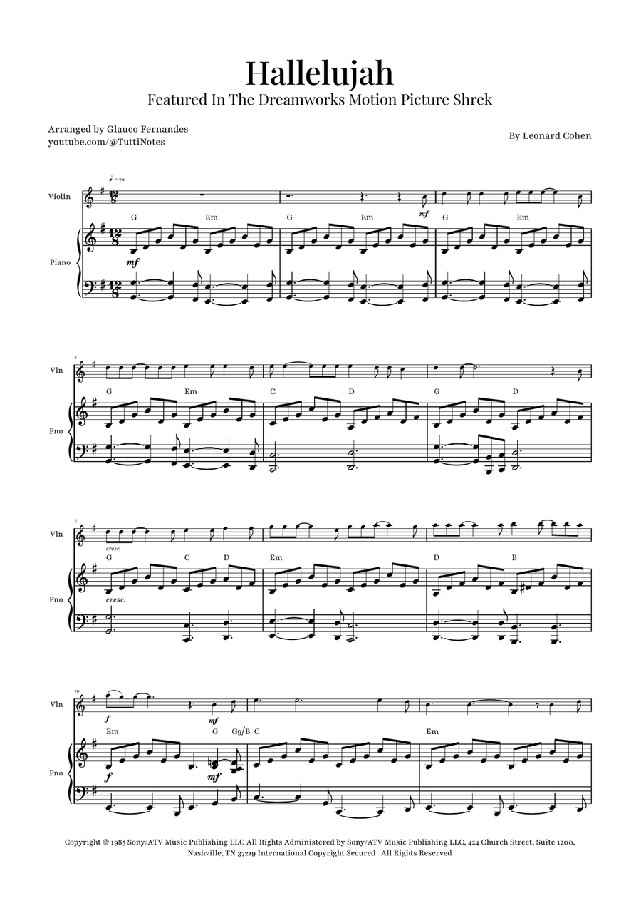 Hallelujah Violin Solo scores gallery preview page 1