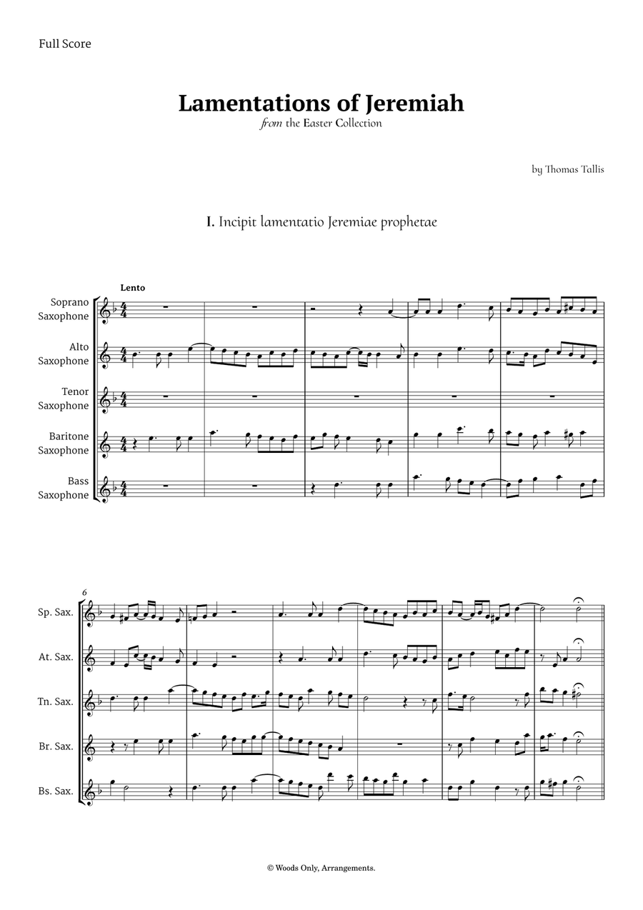 Lamentations of Jeremiah by Thomas Tallis for Saxophone Quintet Saxophone Quintet scores gallery preview page 1
