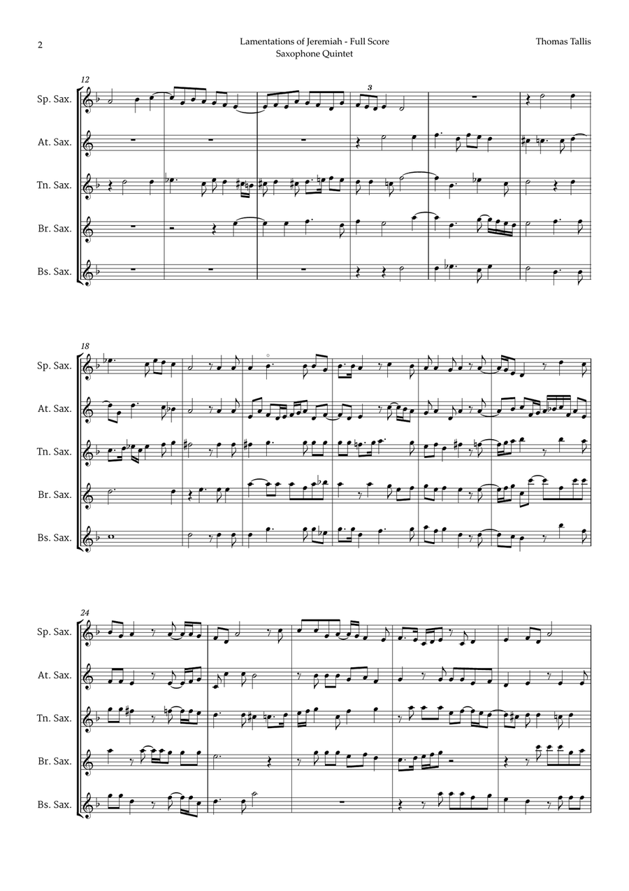 Lamentations of Jeremiah by Thomas Tallis for Saxophone Quintet Saxophone Quintet scores gallery preview page 2