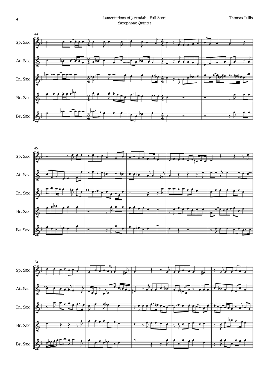 Lamentations of Jeremiah by Thomas Tallis for Saxophone Quintet Saxophone Quintet scores gallery preview page 4