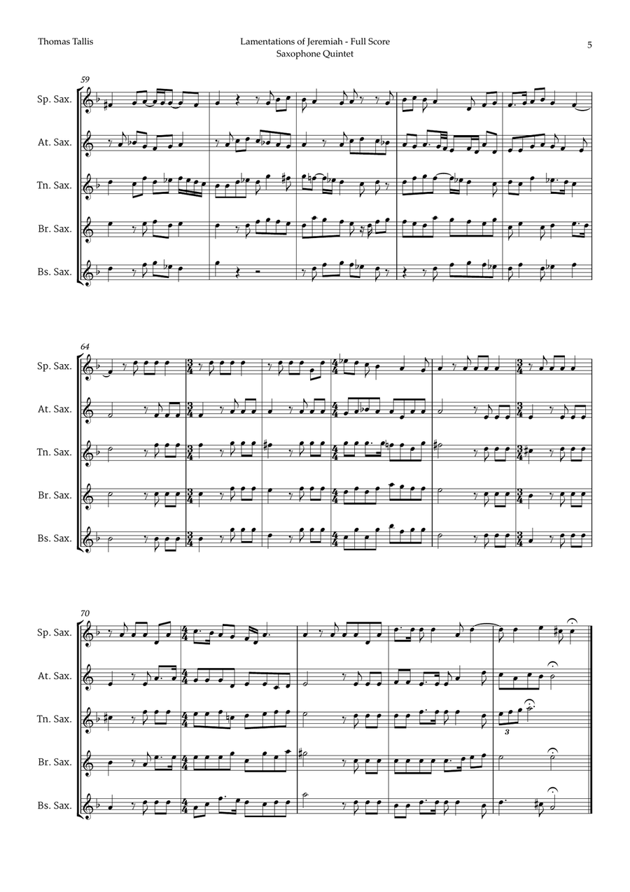 Lamentations of Jeremiah by Thomas Tallis for Saxophone Quintet Saxophone Quintet scores gallery preview page 5