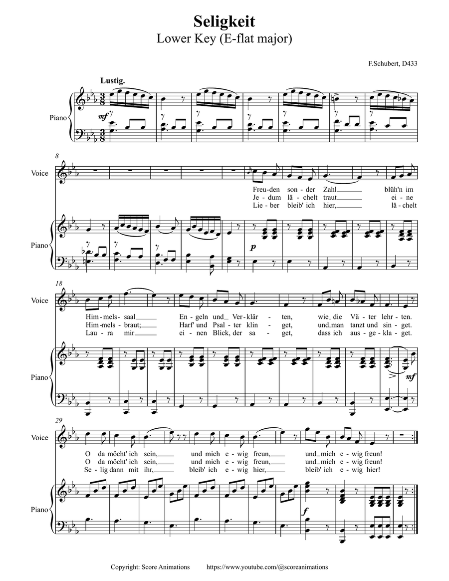 SCHUBERT. “Seligkeit“ D433 in E-flat major (Lower key) Piano, Vocal scores gallery preview page 1