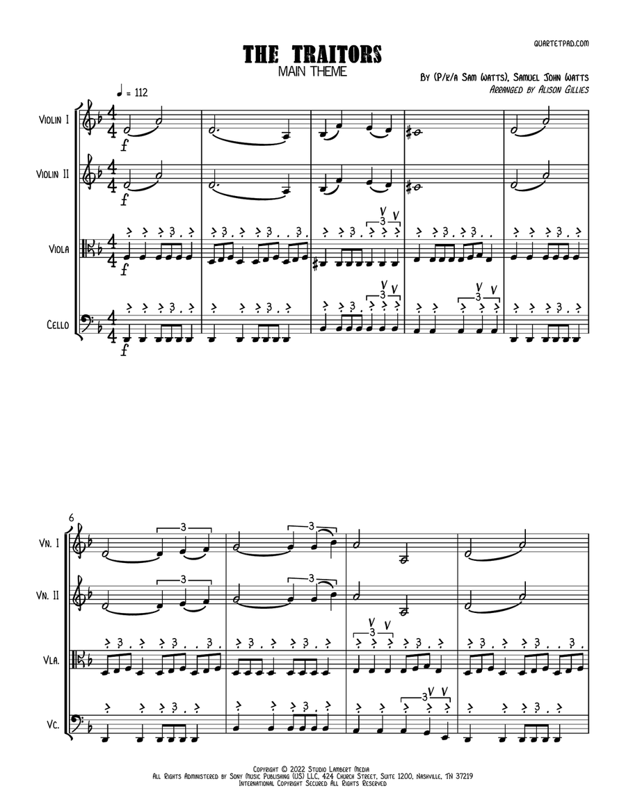 The Traitors Main Theme String Quartet scores gallery preview page 1