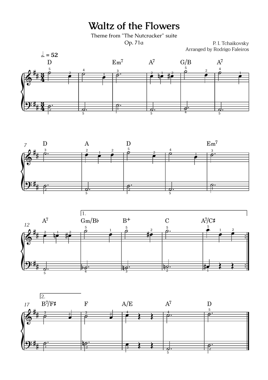 Waltz of the Flowers (Theme) - Easy piano level 1 (with fingerings and chords) Easy Piano scores gallery preview page 1