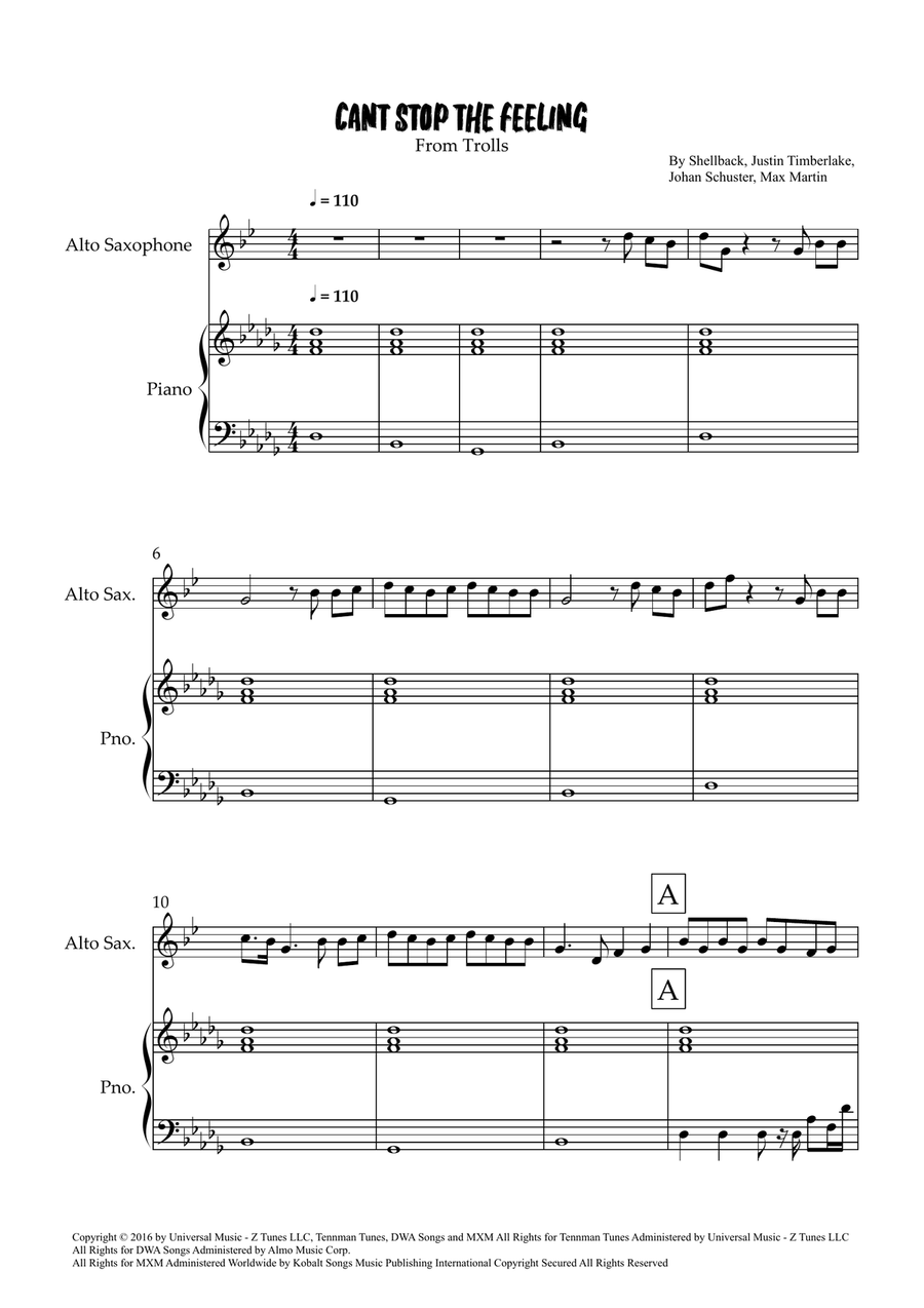 Can't Stop The Feeling! Can't Stop The Feeling! Alto Saxophone scores gallery preview page 1
