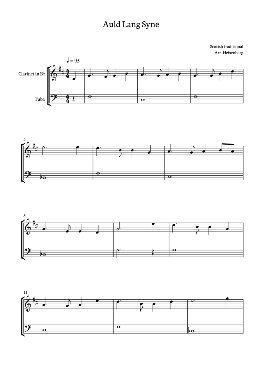 Auld Lang Syne for Clarinet and Tuba. B-Flat Clarinet scores gallery preview page 1