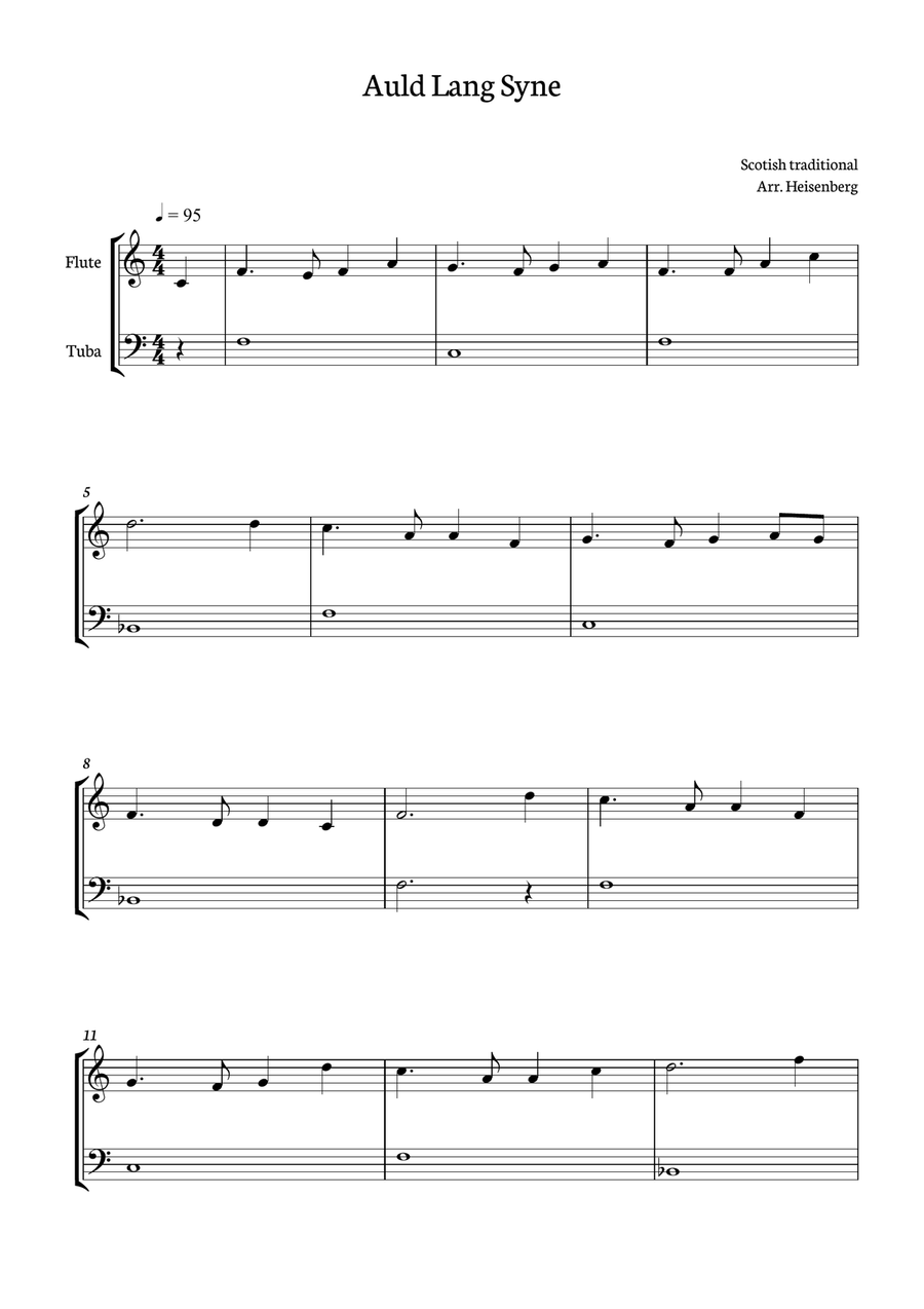 Auld Lang Syne for Flute and Tuba. Flute scores gallery preview page 1