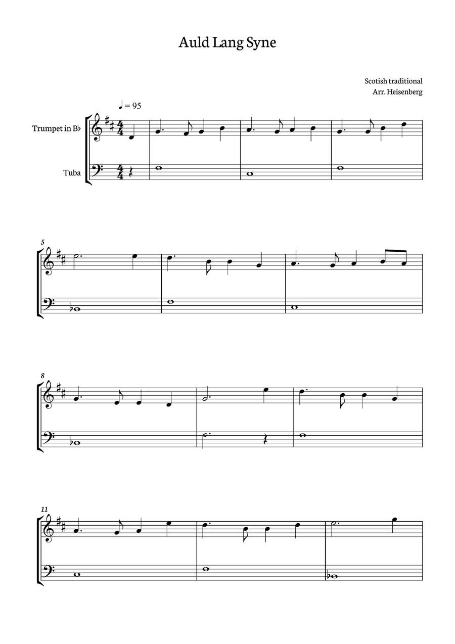 Auld Lang Syne for Trumpet and Tuba. Brass Duet scores gallery preview page 1