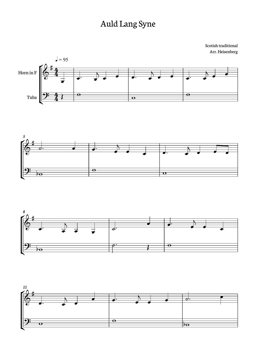 Auld Lang Syne for Horn and Tuba. Brass Duet scores gallery preview page 1